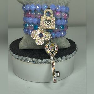 Iridescent Beaded Bracelet with Lock and Key Charms